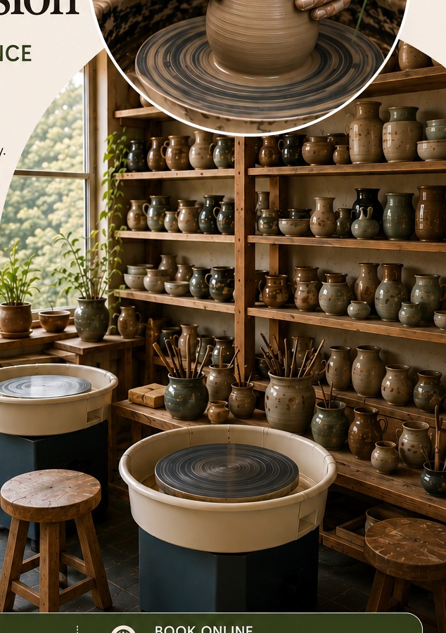 A warm pottery studio filled with handmade pots and pottery wheels