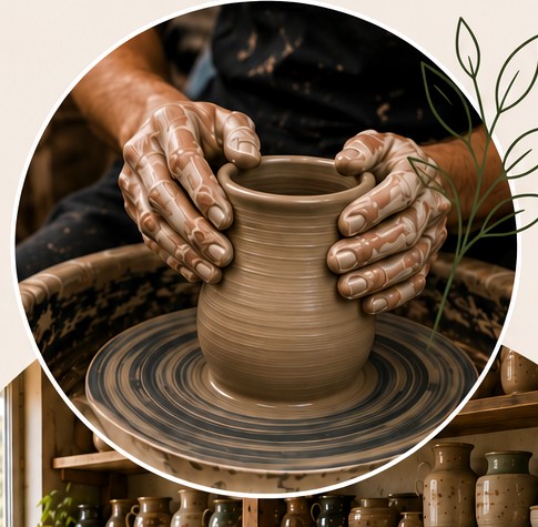 Hands shaping a clay pot on a pottery wheel